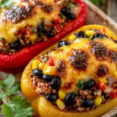 Colorful stuffed bell peppers filled with savory ingredients on a plate