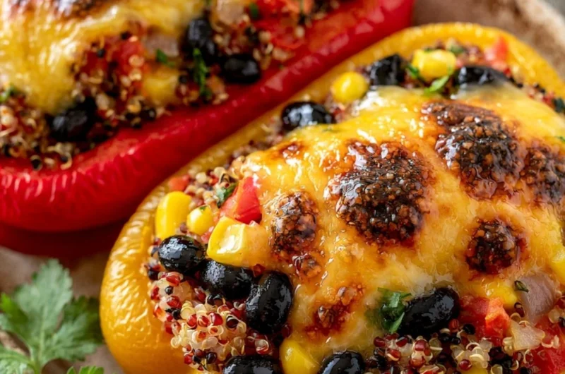 Colorful stuffed bell peppers filled with savory ingredients on a plate