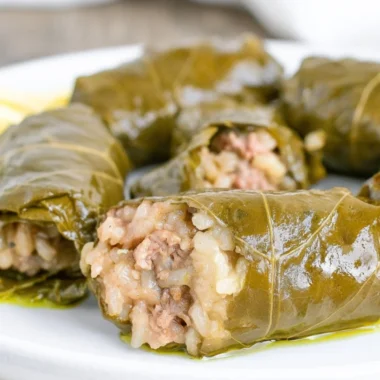Plate of delicious stuffed grape leaves garnished with herbs