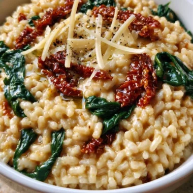 Creamy sun-dried tomato and spinach risotto in a bowl garnished with fresh herbs