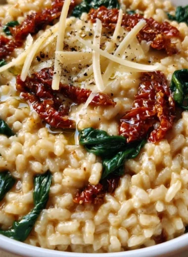 Creamy sun-dried tomato and spinach risotto in a bowl garnished with fresh herbs