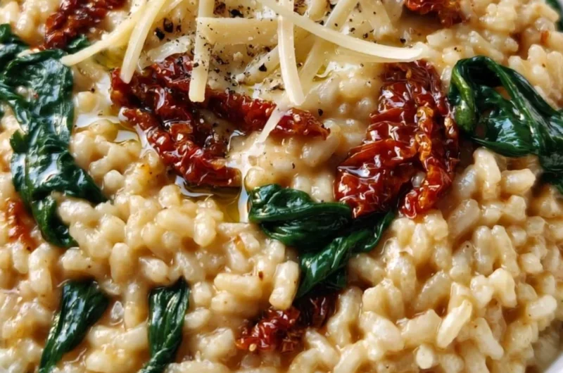 Creamy sun-dried tomato and spinach risotto in a bowl garnished with fresh herbs