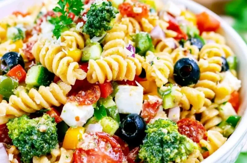 Bowl of vibrant and colorful Italian Pasta Salad with fresh vegetables and dressing.