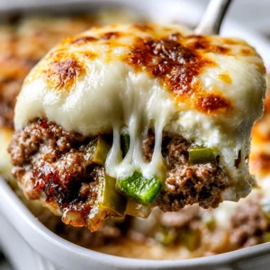 Delicious low carb Philly cheesesteak casserole prepared in a cozy dish