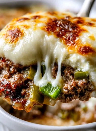 Delicious low carb Philly cheesesteak casserole prepared in a cozy dish