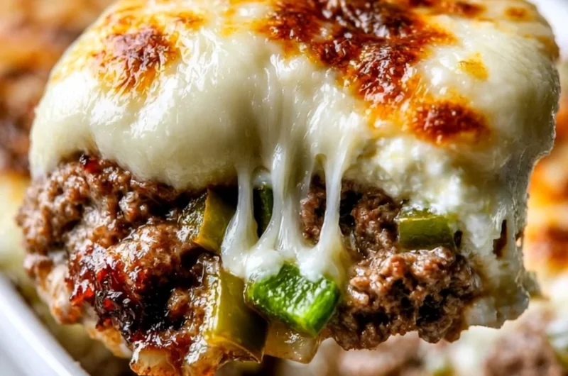 Delicious low carb Philly cheesesteak casserole prepared in a cozy dish