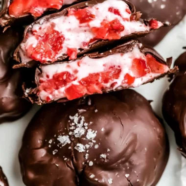 Chocolate strawberry frozen yogurt bites on a plate, a delicious frozen dessert.