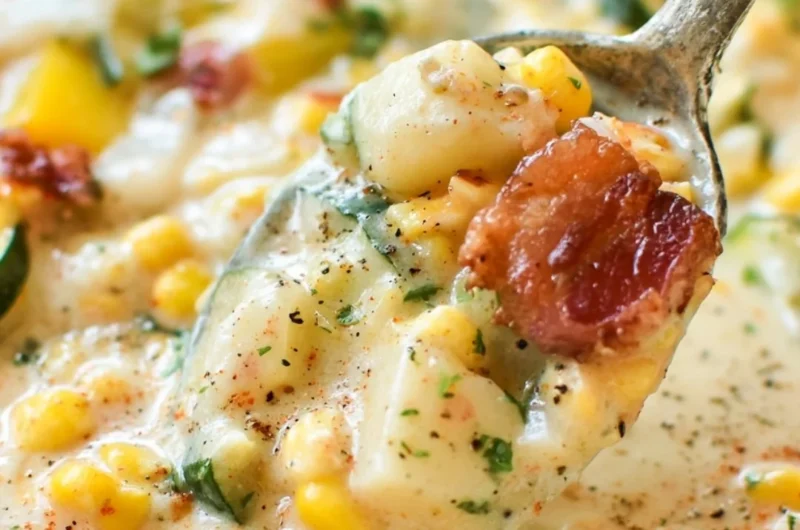Bowl of cozy summer corn and zucchini chowder garnished with herbs