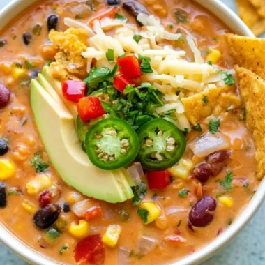 Bowl of rich and flavorful lentil tortilla soup topped with fresh ingredients.